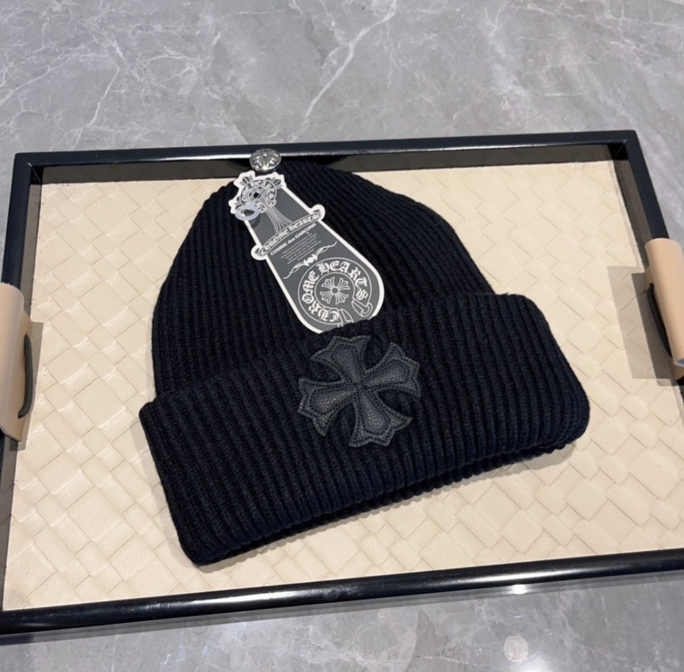 Chrome Hearts Cashmere Leather Cross Beanie.
